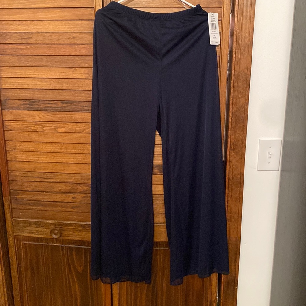 Prelude Navy blue chiffon overlay dress pants.